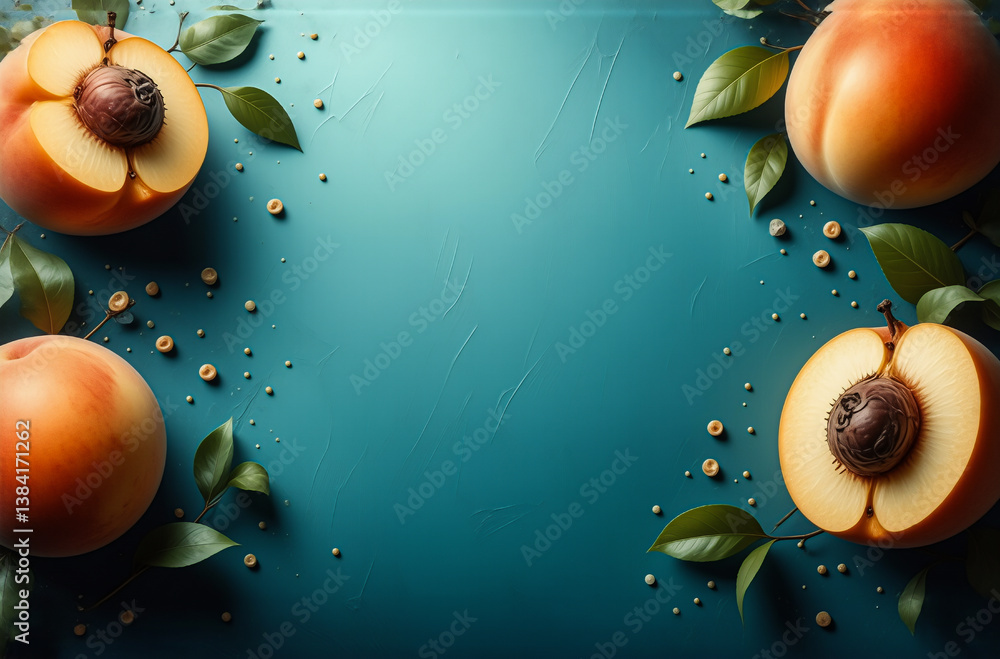 Poster ripe peaches, some halved showing stones, are arranged with green leaves and small round objects on 