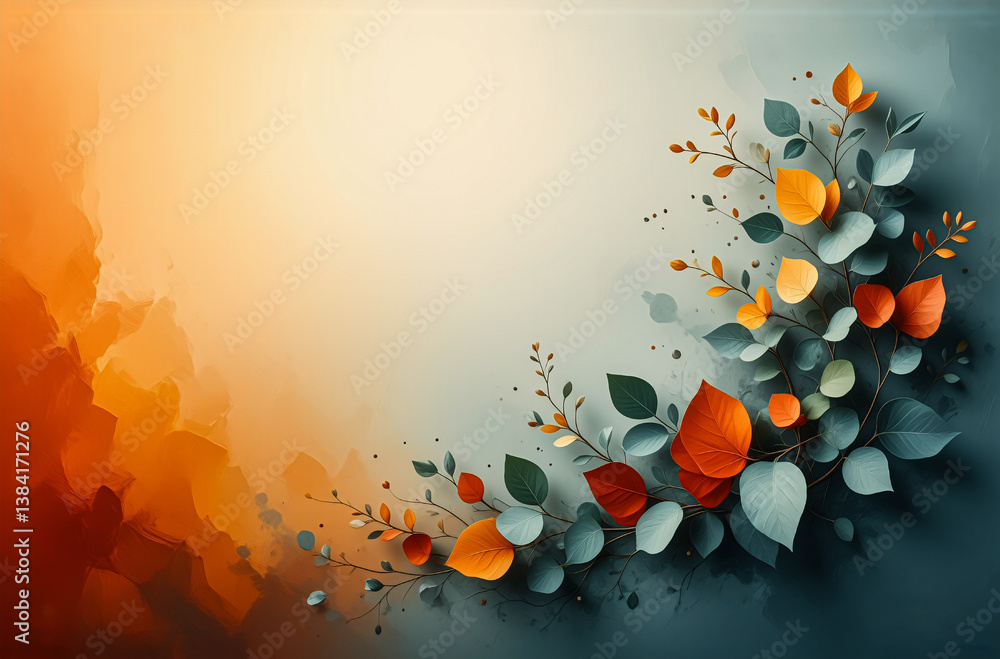 Poster soft floral design with orange and yellow leaves on branches against a teal gradient backdrop. paint