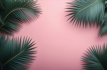 Fototapeta premium Palm fronds create a frame around a gentle pink canvas, offering a tropical and natural aesthetic. The dark green leaves beautifully contrast with the pastel backdrop.