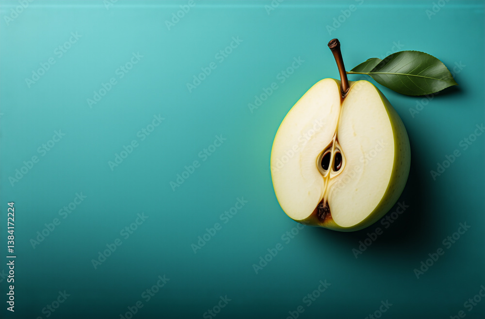 Poster a halved pear with a vibrant green leaf is positioned on a clean blue backdrop. a simple studio shot