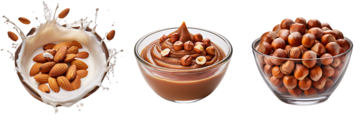Nuts Delights: A trio of gourmet treats featuring a close-up view of almonds in milk splash, creamy hazelnut spread topped with hazelnuts, and a bowl filled with raw hazelnuts.