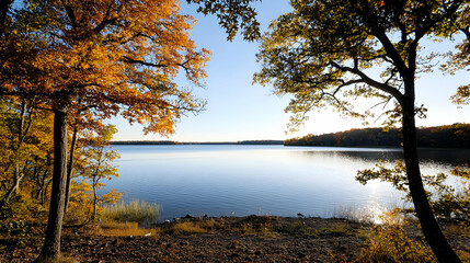 Obraz premium Autumnal Lake Scene With Colorful Foliage
