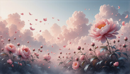 Soft pink flowers bloom amidst a dreamy landscape, their petals gently falling against a pastel sky filled with fluffy clouds, creating a serene and romantic atmosphere.