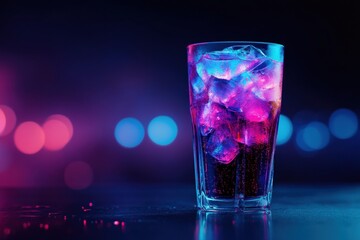 Glowing neon glass of soda with electric purple and deep blue highlights in a futuristic atmosphere