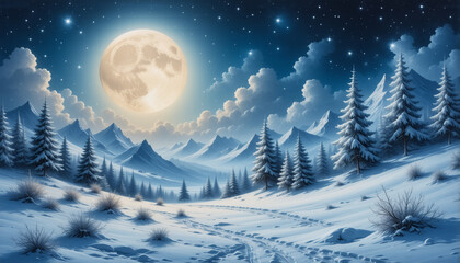 A serene winter night scene with a large full moon illuminating a snowy landscape. Mountains rise in the distance under a starry sky with soft clouds and snow covered trees.
