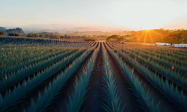 A vast agave plantation under a bright sunset, lines of crops reaching towards the horizon.