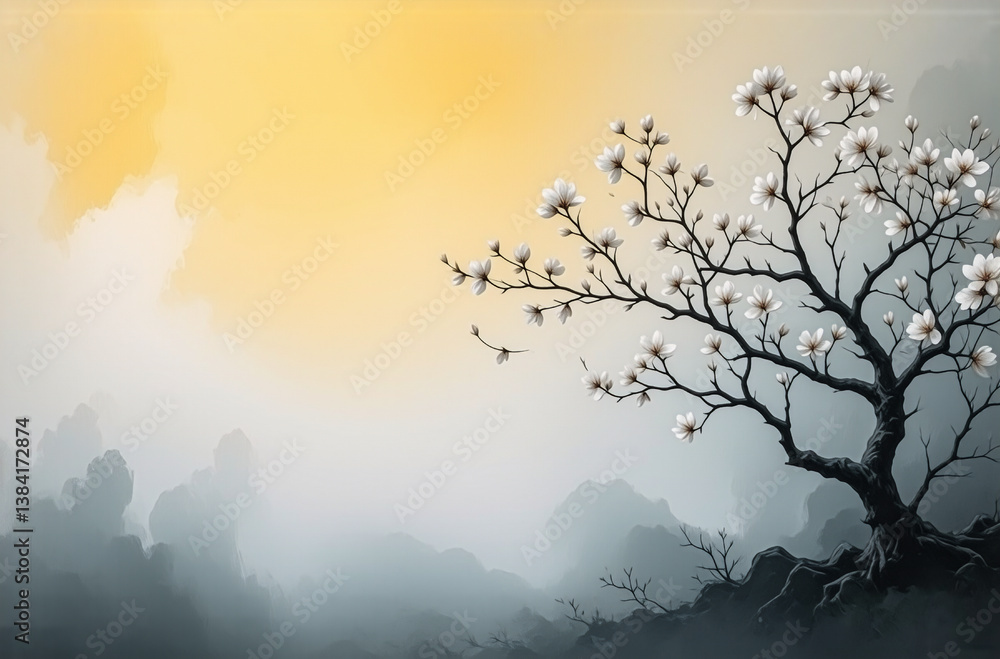 Aufkleber a blossoming tree with delicate white flowers stands against a misty mountain range. a soft yellow l
