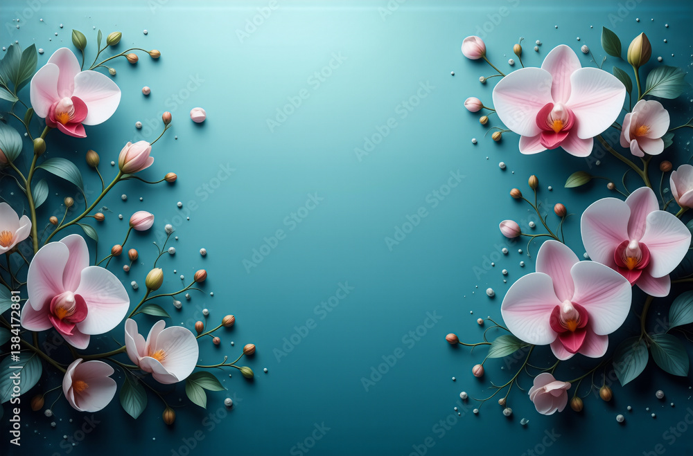 Aufkleber Soft pink orchids and delicate buds with small golden berries are arranged to form a floral frame on a teal backdrop, creating an elegant and decorative design.