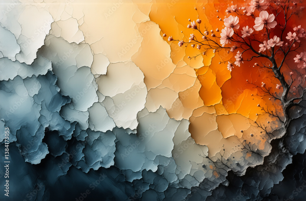 Leinwandbilder abstract art featuring a flowering tree on the right, juxtaposed with layered, cloud-like forms in c