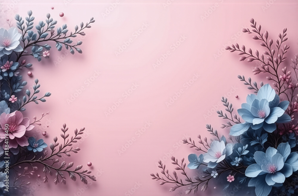 Aufkleber soft pink background adorned with delicate floral arrangements in shades of pink and blue. flowers a