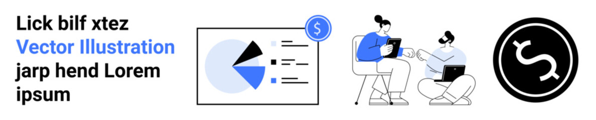 Two people sharing ideas while reviewing data with charts and graphs. Ideal for teamwork, analysis, money management, finance, presentation, collaboration, simple landing page