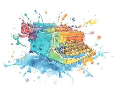 typewriter bursting with colorful watercolor ink, flying letters and splashes, creative writing theme