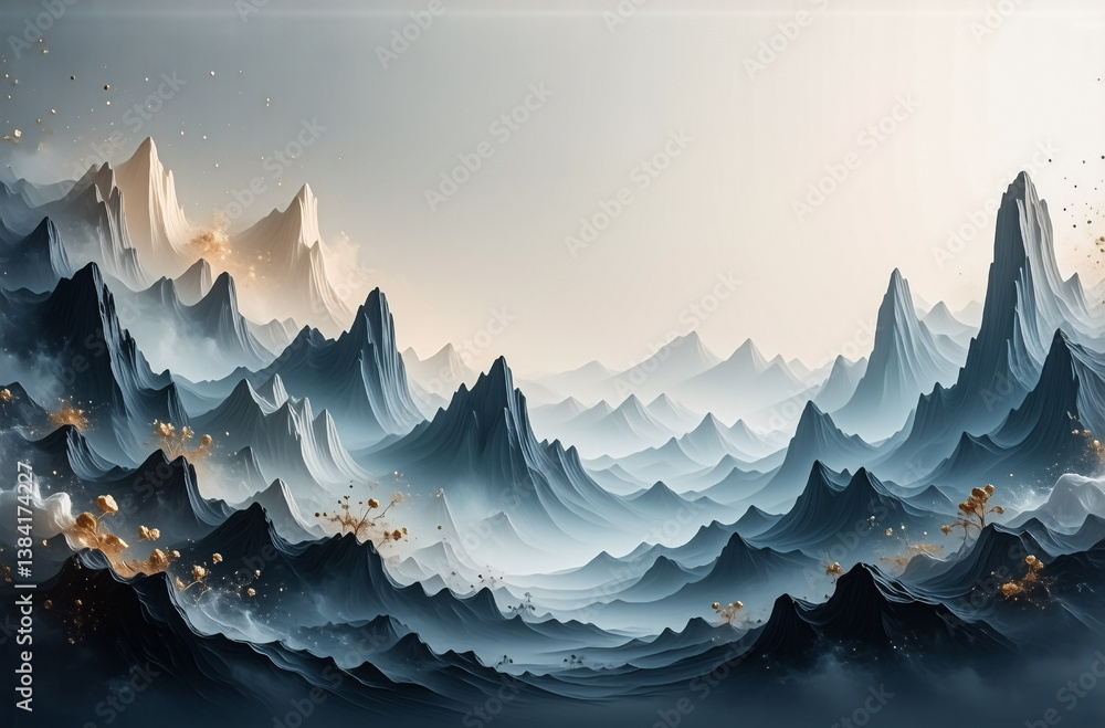 Poster ethereal mountain landscape with misty valleys and sharp peaks. layers of blue and grey mountains re