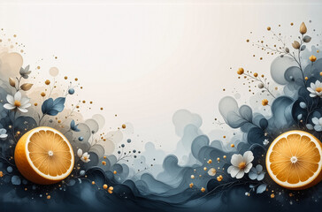 Elegant design with orange halves, white flowers, and blue leaf-like shapes on a light background. Decorative botanical style with soft, watercolor textures and a calming aesthetic.