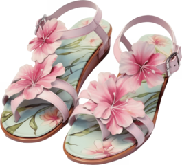 Pink floral sandals with tropical hibiscus flowers and gradient palm leaves, artistic summer footwear design