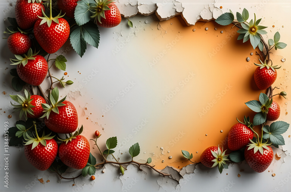 Poster A frame of fresh red strawberries with green leaves and stems is arranged on a gradient background of white to orange. The edges of the frame are textured, resembling torn paper.