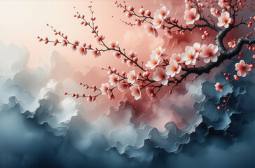 Delicate pink blossoms adorn branches against a dreamy gradient backdrop. Soft hues of peach, pink, and blue create a tranquil, artistic spring scene.