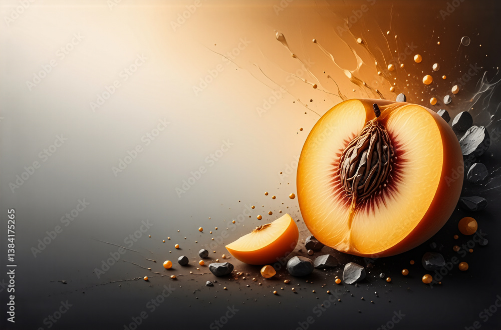 Aufkleber A halved peach with a pit is displayed next to a peach slice and dark stones against a dark backdrop with orange liquid splashes adding contrast.
