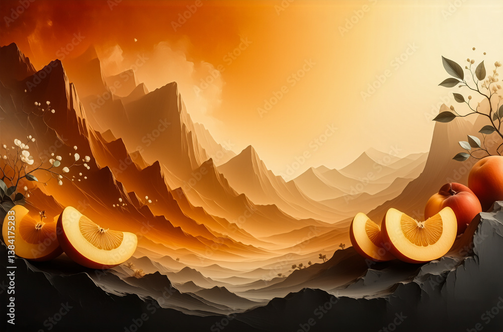 Poster A scenic landscape featuring layered orange mountains in a gradient color palette, resembling an abstract dreamlike vista. Sliced oranges are placed on a dark rocky ledge in the foreground, adding a t