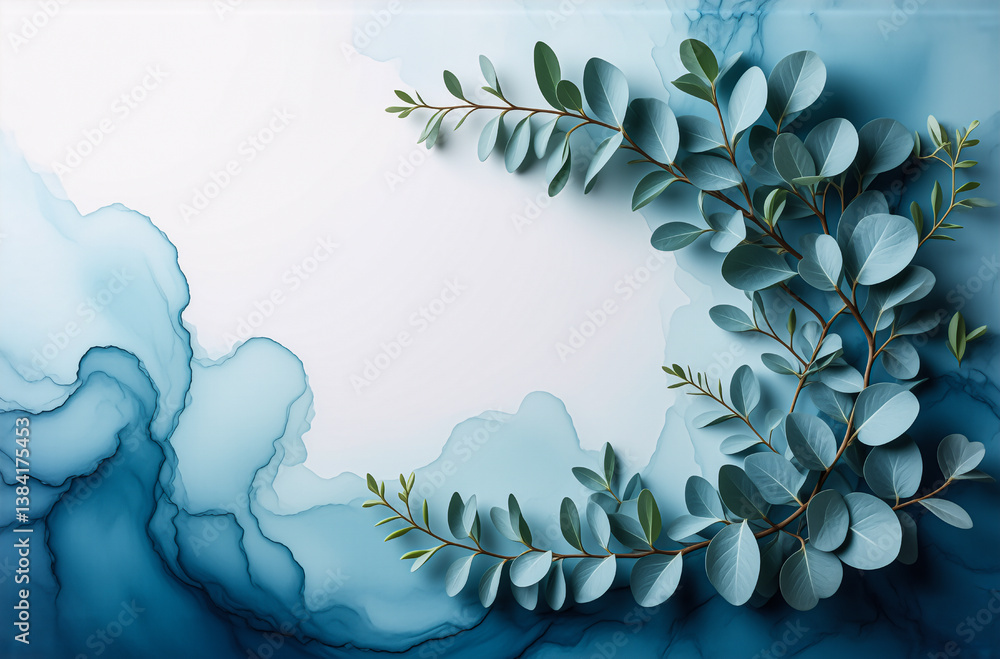 Poster eucalyptus leaves and branches decorate the corner of a white background with a blue watercolor wash