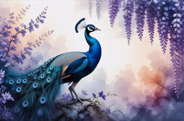 Elegant peacock with blue-green plumage stands amidst purple wisteria and foliage in a soft, dreamy, artistic scene.