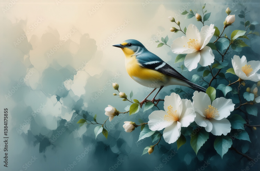 Poster a charming bird with blue and yellow plumage rests on a branch blooming with white flowers. the artw