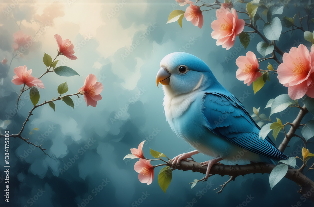 Aufkleber a blue bird rests on a branch amidst delicate pink blossoms, creating a serene and gentle nature sce