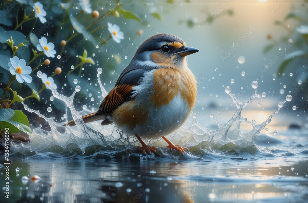 Poster a small bird with orange chest stands in shallow water, creating splash droplets. white flowers and 