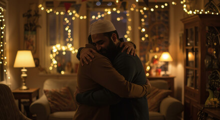 Obraz premium Photo Of Two Muslim Men Embracing In A Warmly Decorated Home Bokeh Lights 32 