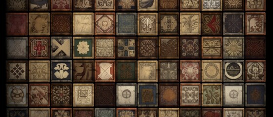 Square mosaic with various ancient symbols and designs. Distressed tiles create a vintage pattern tile pattern