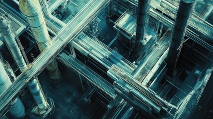 Obraz premium Industrial complex aerial view, pipelines, factories, smokestacks