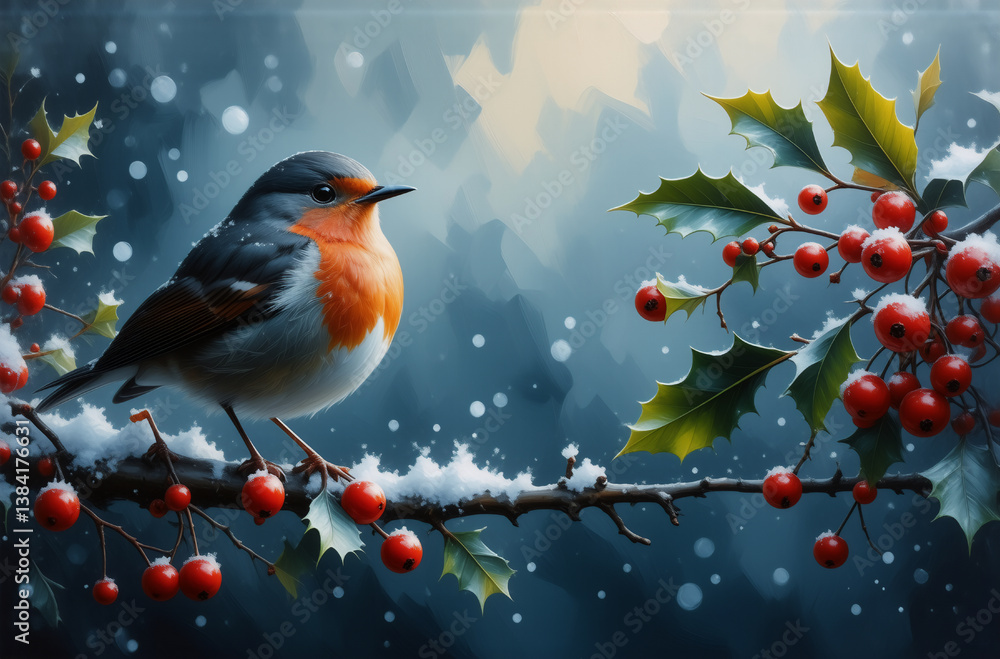 Poster winter scene: robin perched on a snow-covered branch with red berries and green leaves. bokeh lights