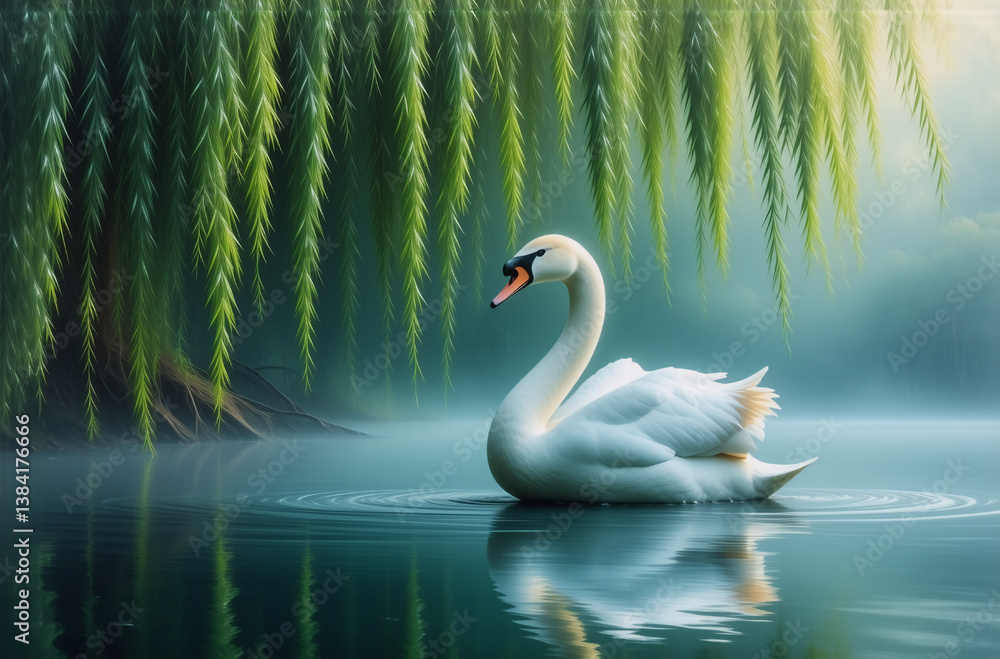 Aufkleber a graceful white swan glides on a tranquil lake under weeping willow branches. fog softens the backg