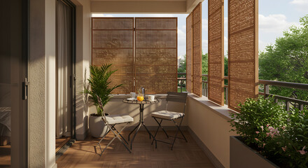 Cozy Balcony With Compact Dining Set And Stylish Privacy Screens In Afternoon Sun