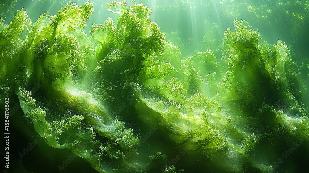 Poster underwater verdant cascade with ethereal lighting and textural complexity