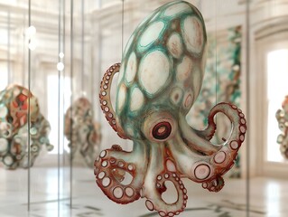 green octopus art deco setting detailed tentacles light background