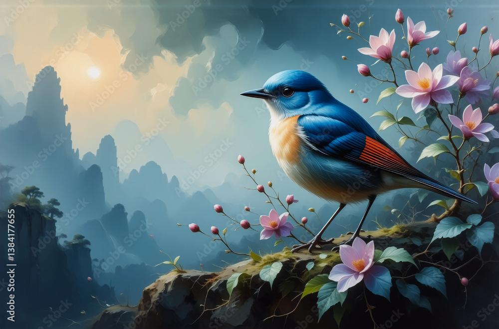 Poster a bluebird is perched upon a branch with pink flowers, set against a backdrop of mountains and a sof