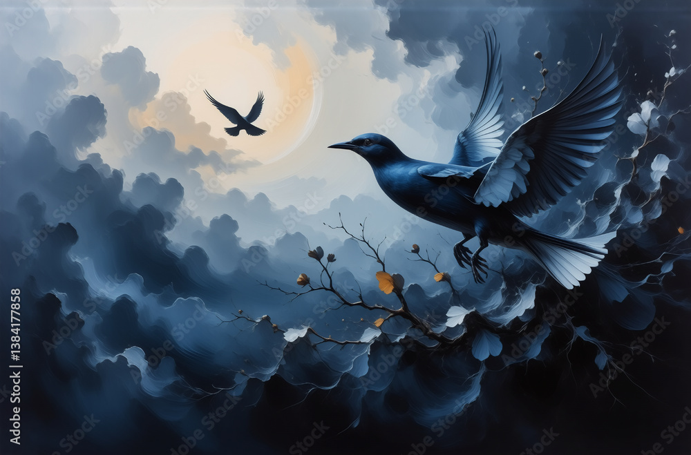 Poster Two birds soar through a dark, cloudy sky towards a soft glowing light.  A branch with few leaves is visible in the foreground.