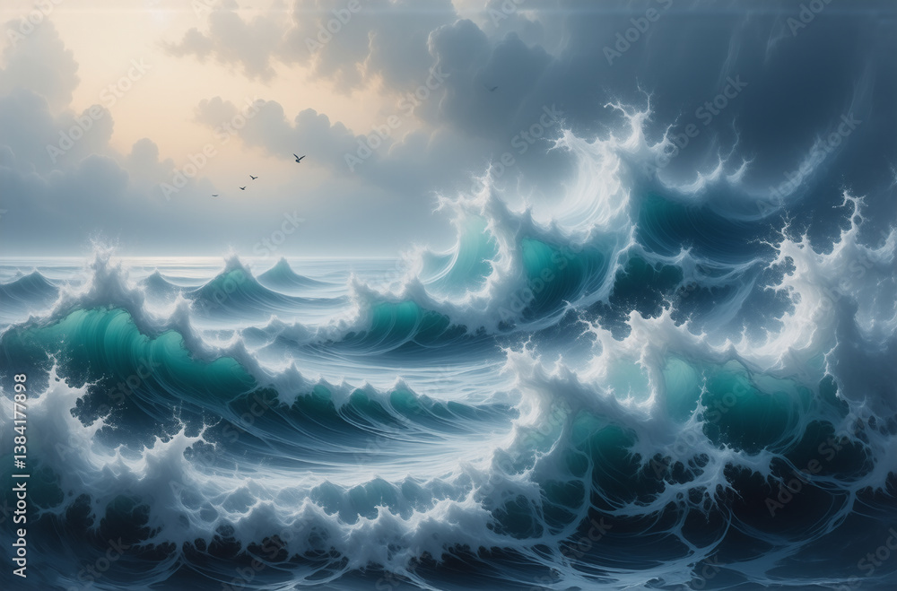 Aufkleber rough turquoise ocean waves with whitecaps crash under a cloudy dramatic sky. stormy weather with bi