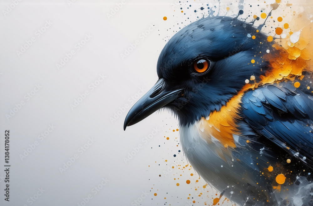 Poster a vibrant blue and orange bird portrait, painted in a splash art style against a soft background. th