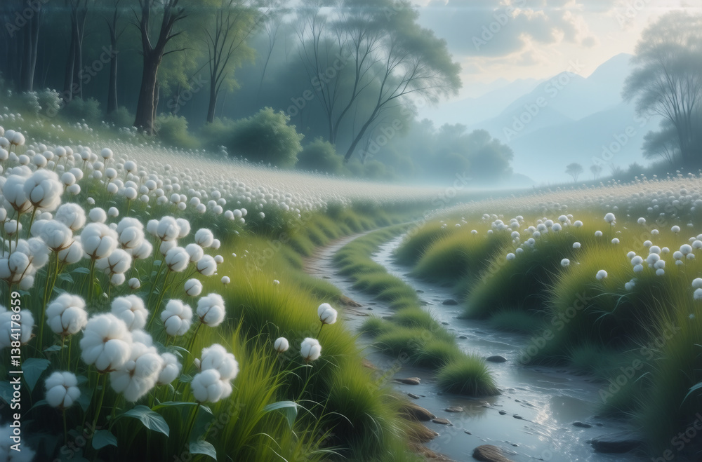 Poster a tranquil, misty meadow scene with a winding path and stream. cotton-like flowers blanket the lands