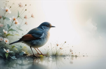 A delicate bird with blue and brown feathers perches near water, surrounded by soft flowers. A serene and tranquil scene with a dreamy, pastel aesthetic.