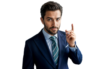 businessman with dark hair and a beard wearing a formal navy blue suit with a light blue dress shirt and a teal green striped tie concept png transparent no background