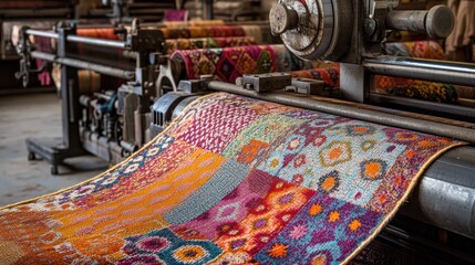 Colorful patchwork rug being processed on vintage machinery in a workshop