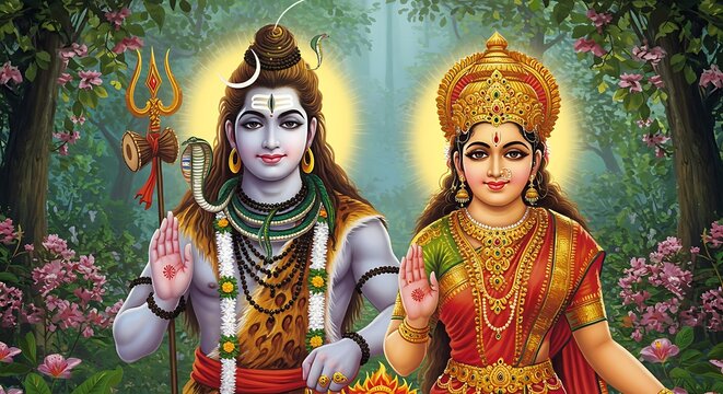 Divine depiction of Shiva and Parvati in a lush forest setting with radiance