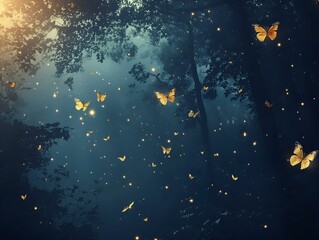Fototapeta premium night forest scene, dark blue tones, glowing butterflies, magical atmosphere
