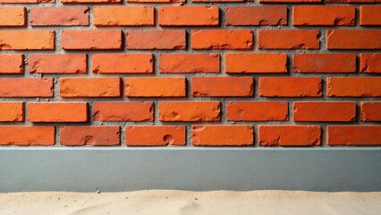 Obraz premium A textured brick wall base with a grey concrete skirting and a sandy floor