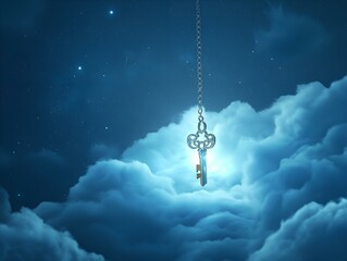 golden key in a night sky, dark blue and purple hues, clouds, stars, mystical scene
