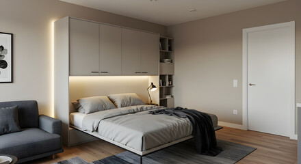 Contemporary Studio Apartment Featuring a Murphy Bed With Hidden Lighting