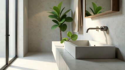 Fototapeta premium Serene Minimalist Bathroom Design with Concrete Vessel Sink and Natural Greenery